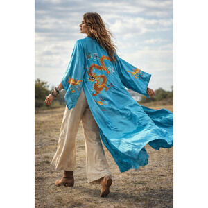 Vintage Flying Horse Silk Dragon Robe 1950s Embroidered Kimono Small